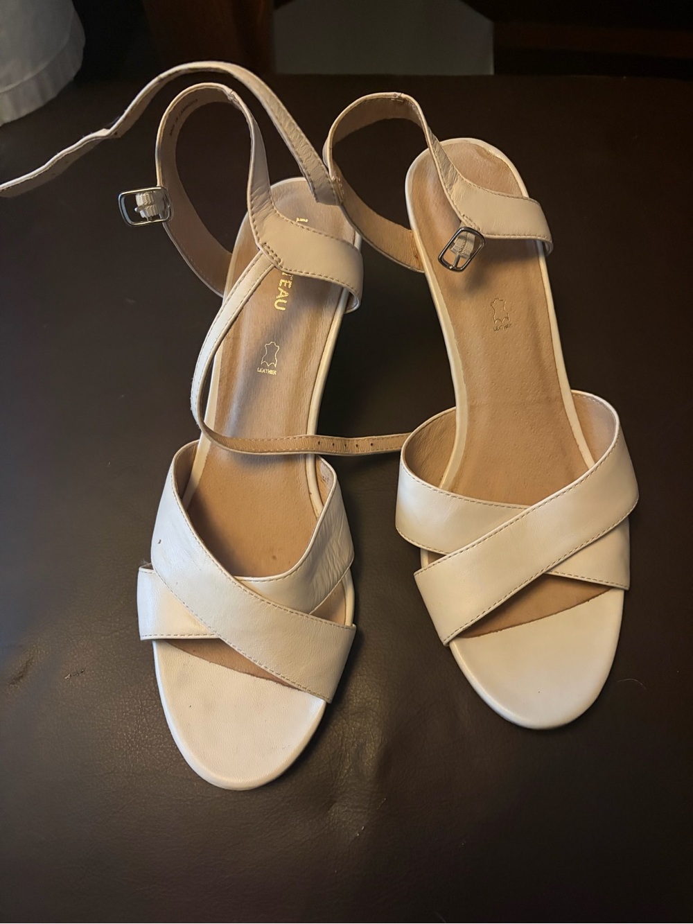 le chateau Cream Leather Crisscross Ankle Strap Wedge Sandals